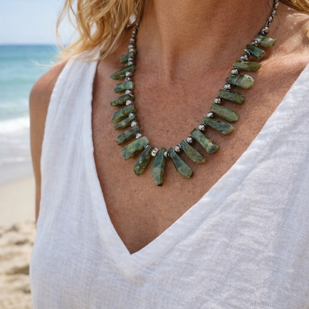 Green Aventurine Necklace Stick Beads Boho Statement Natural Stone 18”
